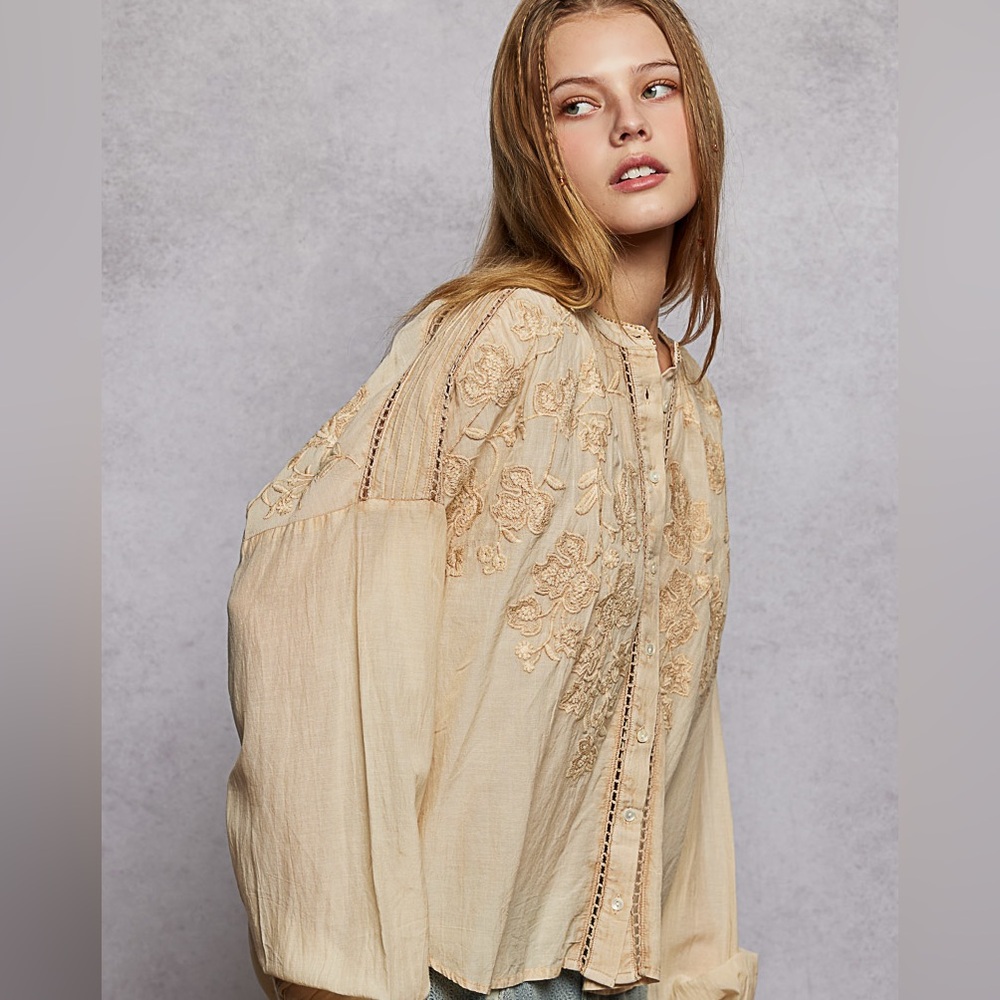 ♥️Hello Gorgeous! POL Embroidery Button Down Long Sleeve Washed Shirt - Almond - Picture 4 of 10